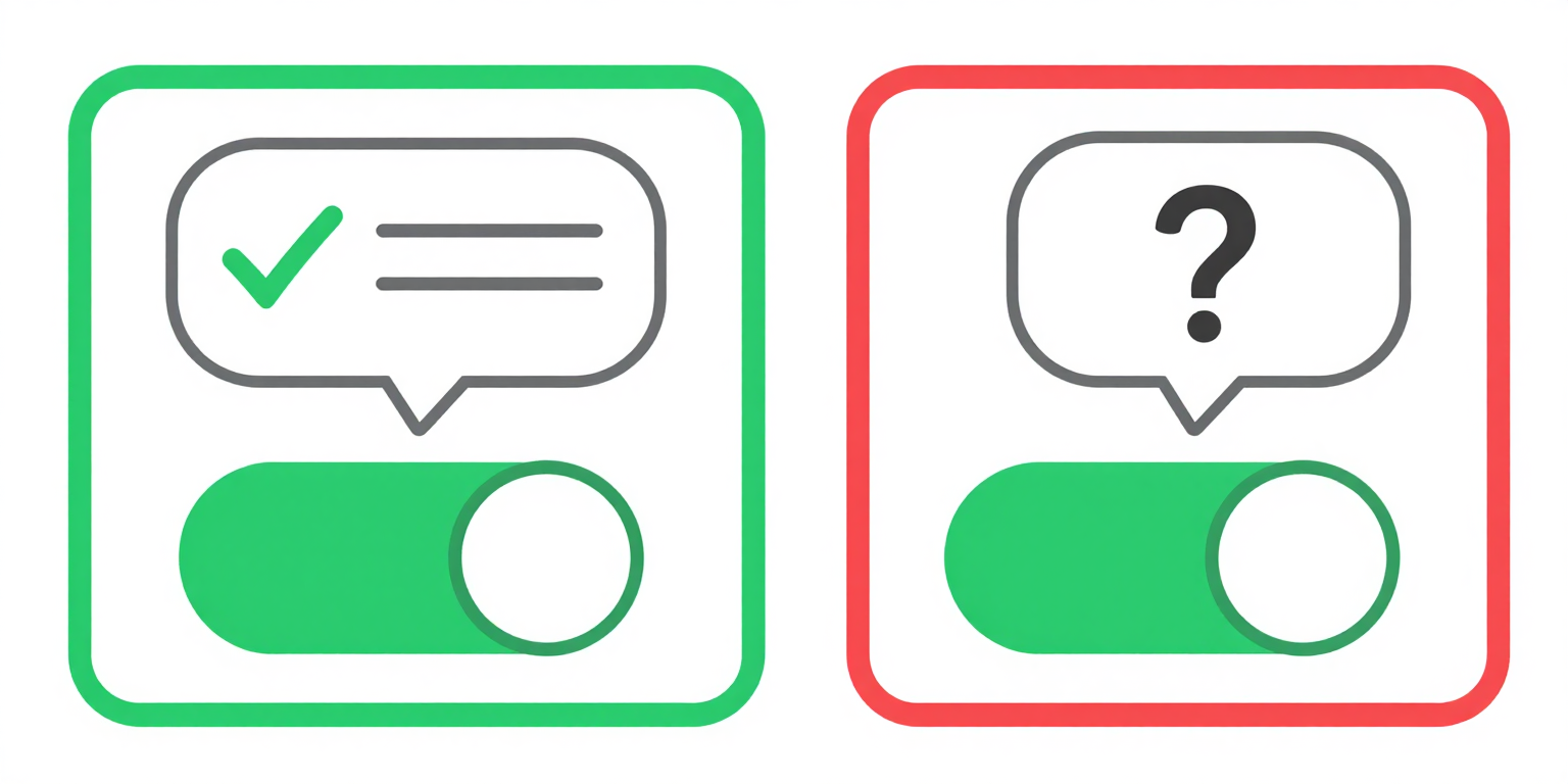 Two toggle switches that look identical in the on position: the left one uses ARIA attributes so the screen reader announces its state as on, while the right one has no programmatic state so assistive technology cannot determine whether it is on or off.