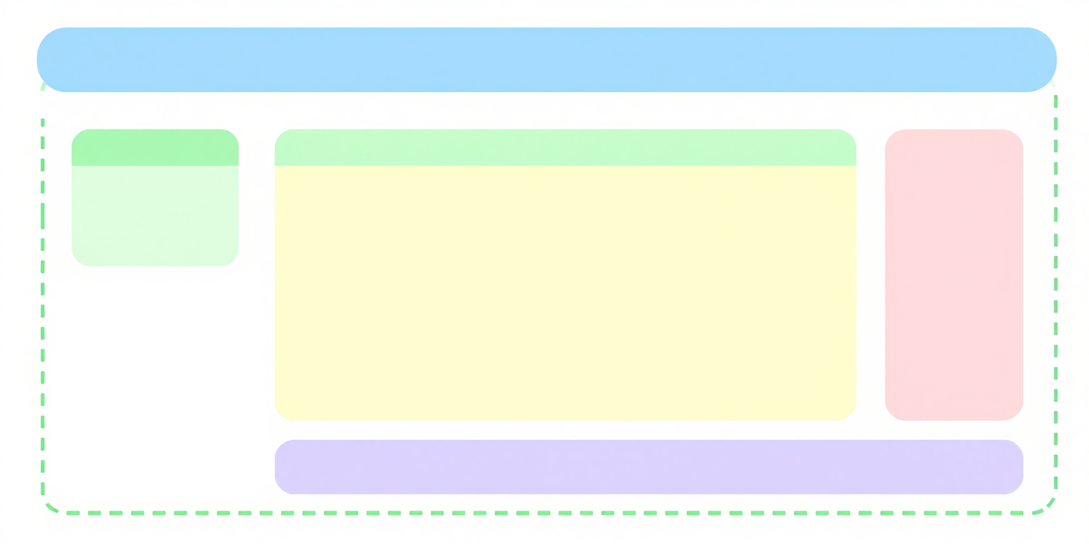 Web page wireframe with five landmark regions outlined and labeled: header at top, nav below it, main content in the center, aside on the right, and footer at the bottom.