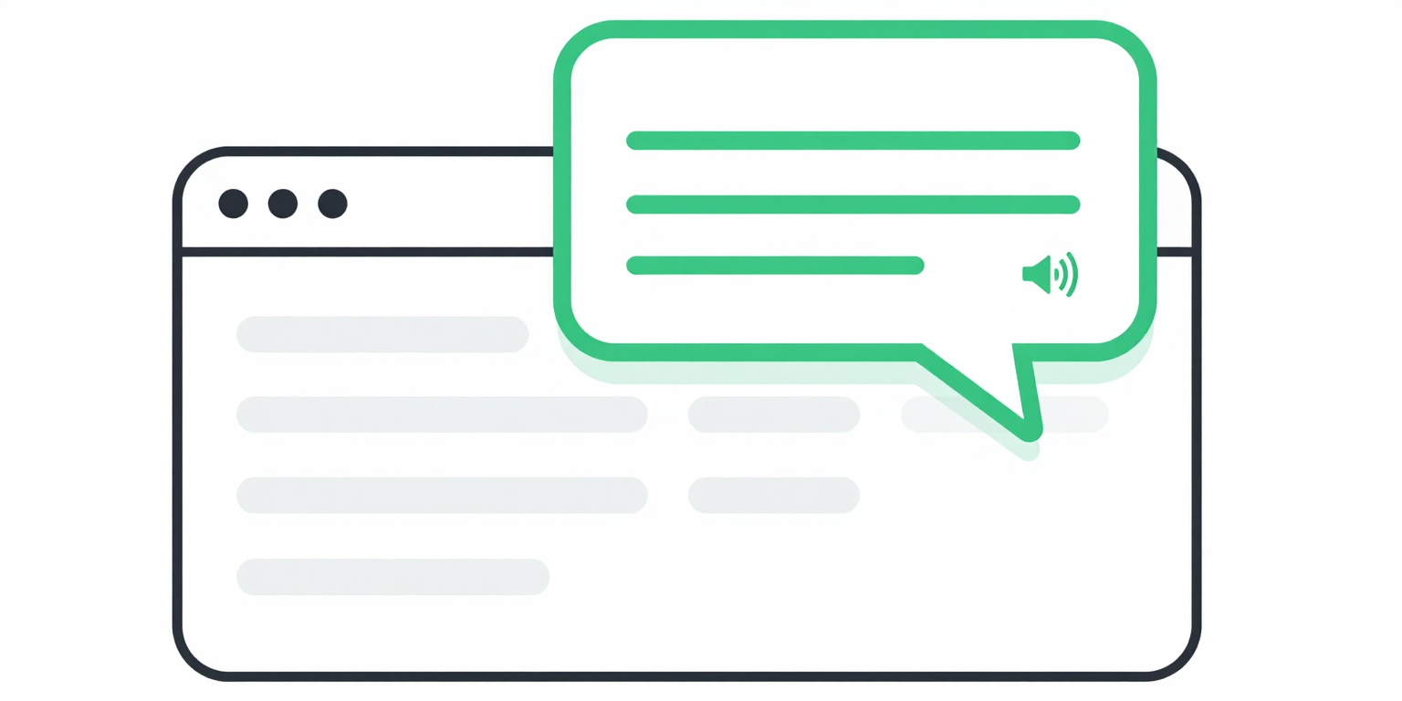 Browser window loading a page with a speech bubble showing the page title being announced by a screen reader as the first orientation cue for the user.