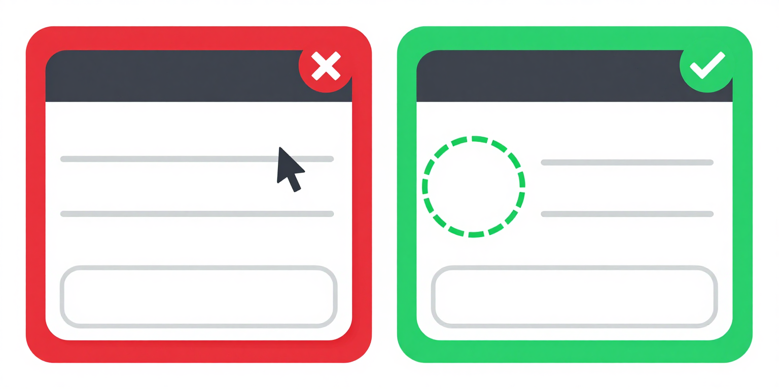Two panels comparing focus visibility: the left shows interactive elements with focus outlines removed, making the current focus position invisible; the right shows the same elements with a clear custom focus ring on the active element.