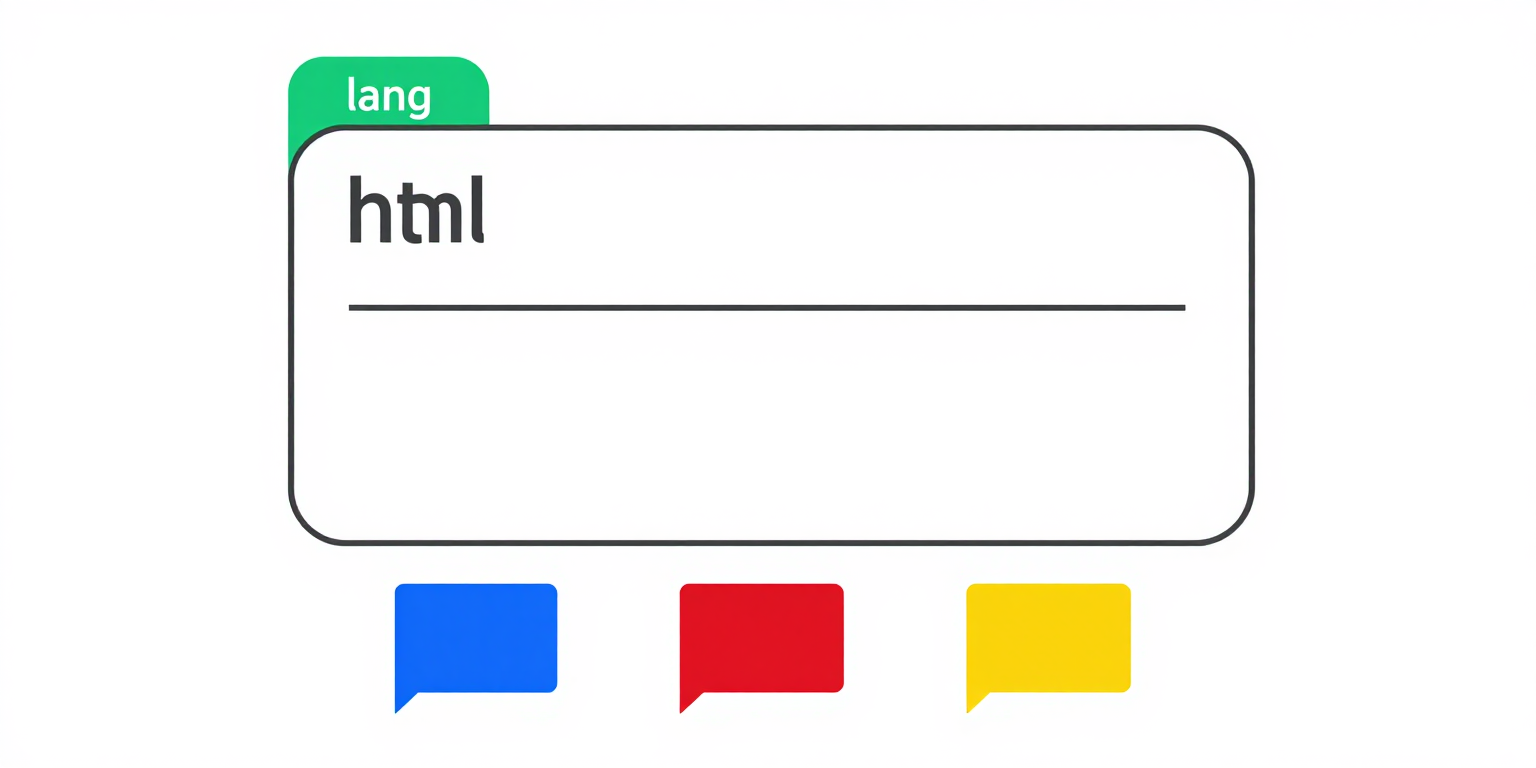 Diagram of an HTML document structure highlighting the lang attribute on the html element, with examples of valid language codes like en, es, fr, zh, and ar shown below.